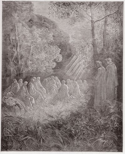 A Divina Comédia (La Divina Commedia, La Divina Comedie), Purgatorio, Canto 7: Os espíritos cantando Salve Regina no dell - de Dante Alighieri (1265-1321) - Ilustração de Gustave Dore (1832-1883) de Gustave Dore