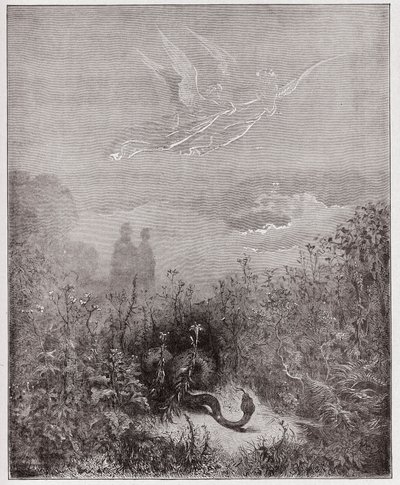 A Divina Comédia (La Divina Commedia, La Divina Comédia), Purgatorio, Canto 8: Os anjos afastam a serpente - por Dante Alighieri (1265-1321) - Ilustração de Gustave Dore (1832-1883) de Gustave Dore