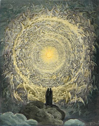 A Divina Comédia, Paradiso, Canto 31: A multidão santa forma uma rosa no empireano (rose celeste) - por Dante Alighieri (1265-1321) de Gustave Dore