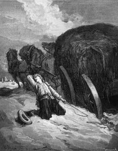 As "Fábulas de Jean La Fontaine": o "chartier embourbe" (carro atolado na lama), gravura de Paul Jonnard-Pacel segundo Gustave Dore de Gustave Dore