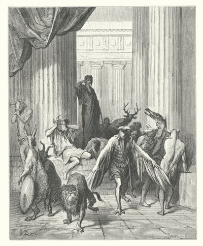 As Fábulas de La Fontaine: Os Companheiros de Ulisses (gravura) de Gustave Dore