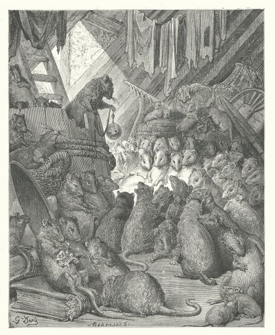 As Fábulas de La Fontaine: O Conselho dos Ratos (gravura) de Gustave Dore