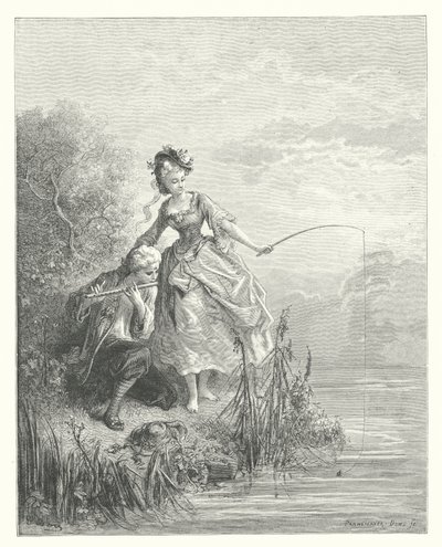 As Fábulas de La Fontaine: O peixe e o pastor que tocava clarinete (gravura) de Gustave Dore