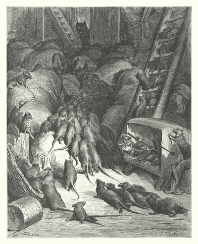 As Fábulas de La Fontaine: A Liga dos Ratos (gravura) de Gustave Dore