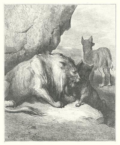 As Fábulas de La Fontaine: O Leão, o Lobo e a Raposa (gravura) de Gustave Dore