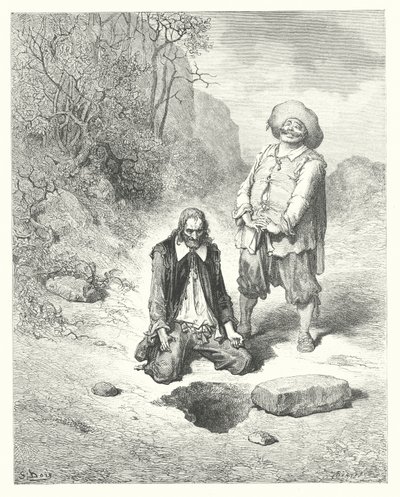 As Fábulas de La Fontaine: O avarento que perdeu o seu tesouro (gravura) de Gustave Dore