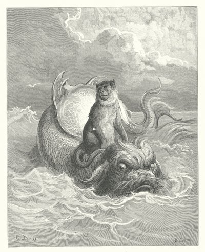 As Fábulas de La Fontaine: O macaco e o golfinho (gravura) de Gustave Dore