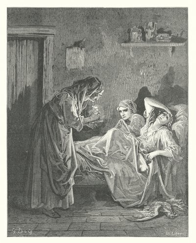 As Fábulas de La Fontaine: A velha e os seus servos (gravura) de Gustave Dore