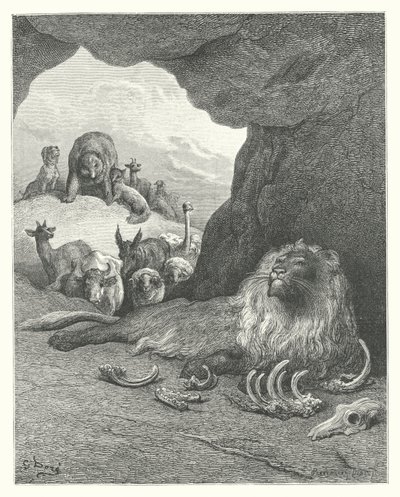 As Fábulas de La Fontaine: O Leão Doente e a Raposa (gravura) de Gustave Dore