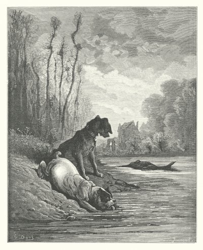 As Fábulas de La Fontaine: Os dois cães e o asno morto (gravura) de Gustave Dore