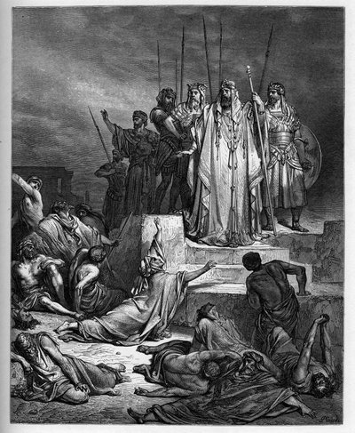 A Fome em Samaria - Antigo Testamento: O Cerco de Samaria. O Rei da Síria sitia a cidade de Samaria, e a reduz a uma terrível fome - - Gravura em "The Bible illustree" de Gustave Dore (1832-1883) - Gravura em "The Dore Bible". de Gustave Dore