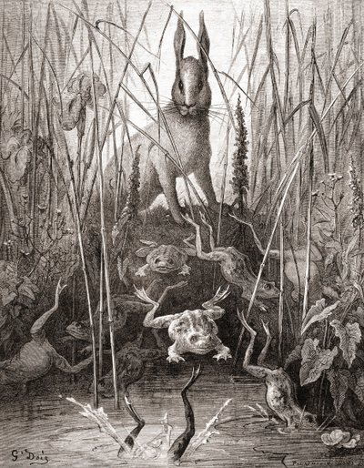 A lebre e os sapos, de uma edição do final do século XIX de Fables de La Fontaine (gravura em madeira) de Gustave Dore