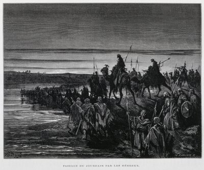 As tribos hebraicas entram em Canaã pelo rio Jordão, Ilustração da Bíblia de Dore de Gustave Dore