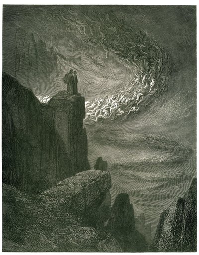 O Inferno de Dante Alighieri (a Divina Comédia) ilustrado por Gustave Dore. Edição francesa de 1861. "La bufera infernal, che mai non resta/Mena gli spirti con la sua rapina. (O furacão infernal, que nunca pára, atrai os espíritos para o seu turbilhão)", de Gustave Dore