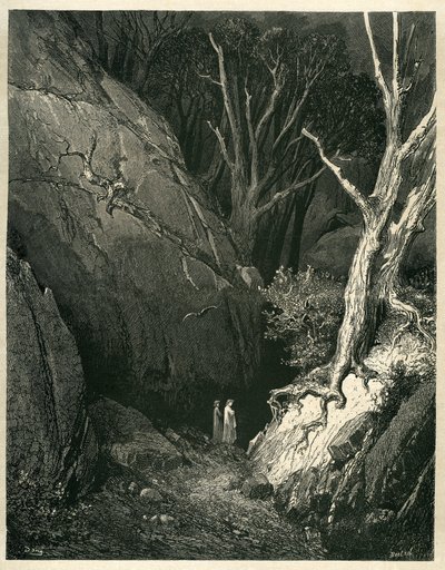 O Inferno de Dante Alighieri (a Divina Comédia) ilustrado por Gustave Dore. Edição francesa de 1861. "Allor si mosse, ed io gli tenni dietro. (Então ele começou, e eu segui-o)", canto 1 v.136. de Gustave Dore
