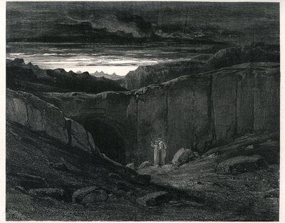 O Inferno de Dante Alighieri (a Divina Comédia) ilustrado por Gustave Dore. Edição francesa de 1861. Dante e Virgílio à entrada do Inferno: "Lasciate ogni speranza, voi che 