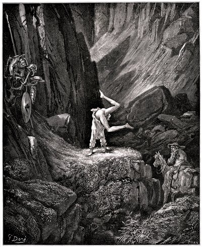 O Engenhoso Hidalgo Dom Quixote de la Mancha (Quixotte - Quijote) de Miguel de Cervantes (1547-1616): o cavaleiro manda fazer cabriolas à triste figura "pondo a nu certas coisas que Sancho, para as não ver, se apressa a dar meia volta, satisfeito de de Gustave Dore