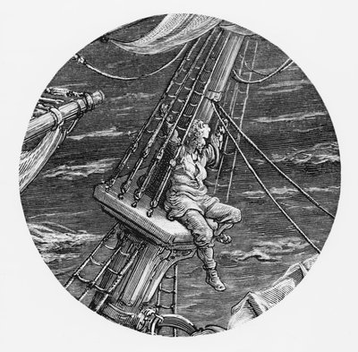 O Mariner no alto da popa do navio, cena de "O Rime do Marinheiro Antigo" por ST Coleridge, publicado pela Harper und Brothers, Nova York, 1876 (gravura em madeira) de Gustave Dore
