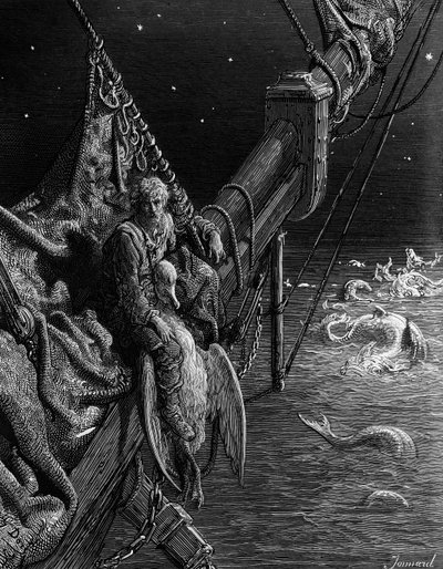 O Marinheiro olha para as serpentes no oceano, cena de "O Rime of the Ancient Mariner" por ST Coleridge, publicado pela Harper und Brothers, Nova York, 1876 (gravura em madeira) de Gustave Dore