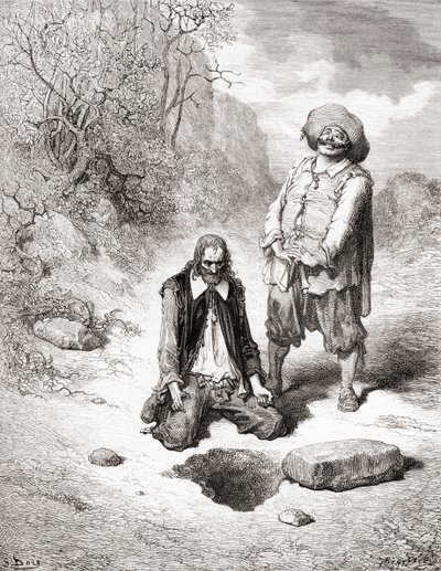 O Miser que perdeu seu tesouro, de uma edição do final do século XIX de Fables de La Fontaine (gravura em madeira) de Gustave Dore