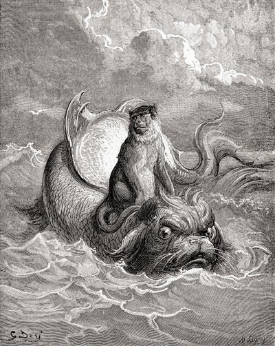 O Macaco e o Golfinho segundo uma obra de Gustave Dore para uma fábula de La Fontaine. De Life and Reminiscences of Gustave Dore, publicado em 1885. de Gustave Dore