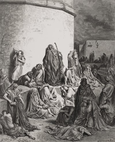 O povo que está de luto pelas ruínas de Jerusalém, Lamentações 1: 1-2 ilustração da "Bíblia Sagrada" de Dore, gravada por A. Bertrand 1866 de Gustave Dore