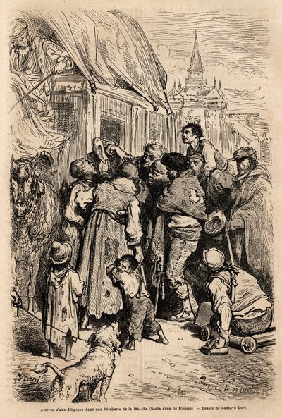 A chegada da diligência em um hotel em Santa Cruz de modela (província de Mancha), assaltada por mendigos que chamam por almona. Desenho de Gustave Dore (1832-1883). Gravura para ilustrar a viagem na Espanha, em 1862, de Charles Davillier e Gustave Dore, e de Gustave Dore