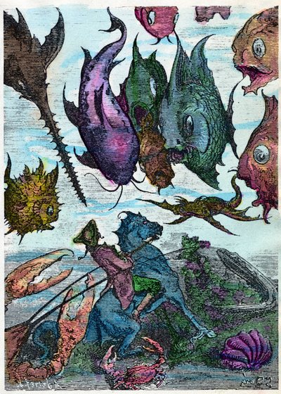 O barão no seu cavalo cruza peixes no fundo do mar. Cena de "" As Aventuras do Barão de Munchausen (Munchhausen) "" de Rudolph Erich Raspe (1736 - 1794), Ilustração de Gustave Dore. Fim do dia 19. de Gustave Dore