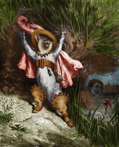 O gato do porta-bagagens pede ajuda. Gravura de Gustave Dore (1832-1883) de "The Tales" de Charles Perrault (1628-1703) de Gustave Dore
