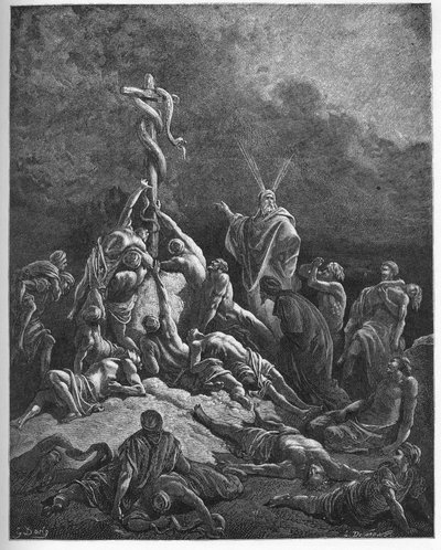 A serpente descarada - "A cobra descarada" - livro do Êxodo (nahash), a transformação do pau de Moisés em serpente - Moisés e a serpente descarada - - gravura em "A ilustração bíblica" de Gustave Dore (1832-1883) - Gravura de "The Dore Bi de Gustave Dore