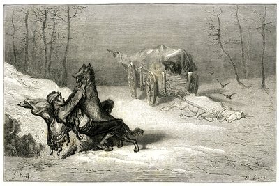 O bandido Agostin é atacado por um lobo, perto do cavalo morto ainda alcançado na carroça abandona os comediantes, ou esconde a pequena Chiquita. Gravura de Gustave Dore ilustrando o romance de Theophile Gautier "Le capitaine Fracasse", edição Charpentier  de Gustave Dore