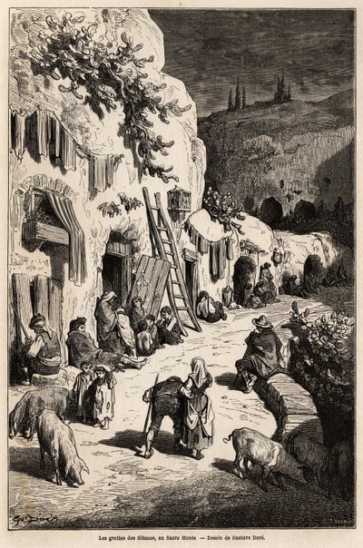 As grutas (casas subterrâneas) dos ciganos, em Sacro Monte, em Granada. Desenho de Gustave Dore (1832-1883), para ilustrar a sua viagem à Espanha em 1862, acompanhado por Ch.Davillier. Gravura em "Le tour du monde", editado por Edouard Charton de Gustave Dore