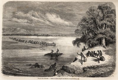 A travessia do Rio Colorado em jangada, acompanhada por alguns índios Mohaves, desenhada por Gustave Dore (1832-1883), para ilustrar a viagem do Mississippi ao Oceano Pacífico em 1853-54 por Baudouin Mollhausen (1825-1905). Gravura em "Le tour du de Gustave Dore