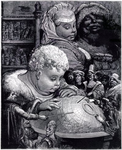 A educação de Gargantua: a criança gigante estuda um globo com seus professores, sob os olhos de seus pais de Gustave Dore