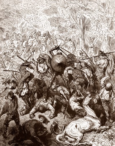 A luta volta a ser travada com os muletários de Yanguas Engraving de Gustave Dore (1832-1883) por "The Ingenieux Hidalgo Don Quixotte de la Manche (Quixotte - Quijote)" de Miguel de Cervantes (1547-1616) 1863 Colecção privada de Gustave Dore