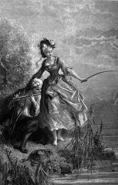 O peixe e o pastor a tocar flauta. O som da flauta serve de isco. Fábulas de Jean de La Fontaine (1621-1695). Ilustração de Gustave Dore. de Gustave Dore