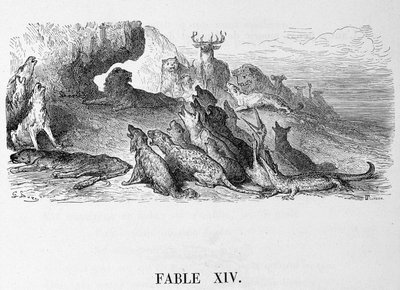 O funeral da leoa - em "Fábulas" de La Fontaine, doente. por Doré de Gustave Dore