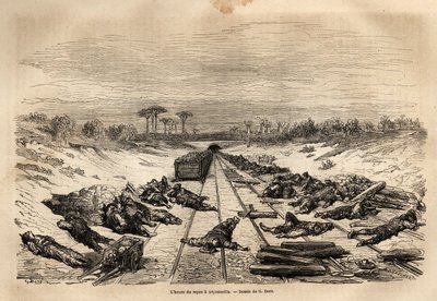 A hora de descanso em Argamasilla, os muitos trabalhadores ferroviários deitados nos trilhos, descansam a pleno sol. Gravura para ilustrar a viagem à Espanha de Gustave Dore (1832-1883), ilustrador e barão Ch. Davillier, em 1862, publicada em "Le tour du m de Gustave Dore