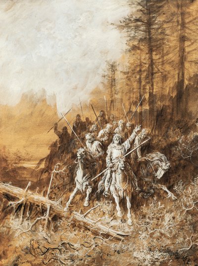 A marcha dos cavaleiros, ilustração para séries de poemas, Idylls of King de Albert Tennyson (1809-1892), aguarela de Gustave Dore
