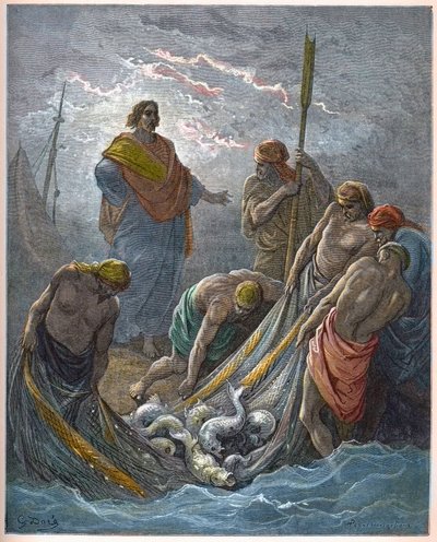 O calado milagroso dos peixes - Pesca milagrosa - - Gravura em "A ilustração bíblica" de Gustave Dore (1832-1883) - Gravura em "A Bíblia Dore de Gustave Dore