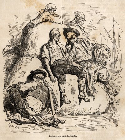 A sesta dos transportadores do porto de Alicante, esboço feito no animado Gustave Dore (1832-1883), para ilustrar a sua viagem à Espanha, em 1862, com Ch. Davillier. Gravura em "Le tour du monde", editado por Edouard Charton de Gustave Dore