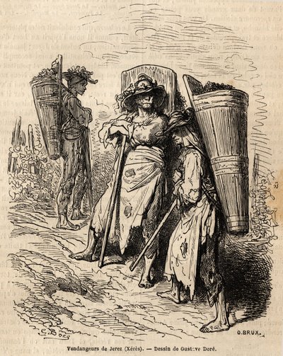 Os catadores de Xeres. Desenho de Gustave Dore (1832-1883), para ilustrar a sua viagem à Espanha em 1862, com Ch. Davillier. Gravura em "Le tour du monde", editado por Edouard Charton de Gustave Dore