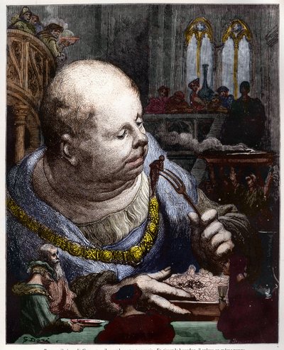Os peregrinos são comidos em saladas - ilustração de "Gargantua e Pantagruel", de François Rabelais - gravura de Gustave Dore de Gustave Dore