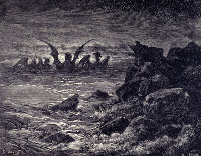 O profeta Daniel vê monstros a aparecer: Haniel, Kafziel, Azriel, Aniel. Gravura da Bíblia ilustrada por Gustave Dore. Século XIX de Gustave Dore