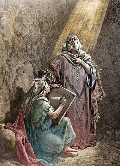 O profeta Jeremie ditando suas profecias a Baruc - Gravura colorida de Pannemacker, da Bíblia de Gustave Dore (1832-1883) - Jeremias (650-585 AC), profeta hebreu. Jeremias ditando suas profecias a Baruque. Gravura de Pannemaker, O Biblico de Gustave Dore