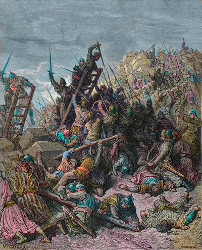 O cerco de Ptolemais durante a terceira cruzada 1189 - Gravura de Gustave Dore da História das Cruzadas por Joseph-Francois Michaud - Le siege de Saint Jean d