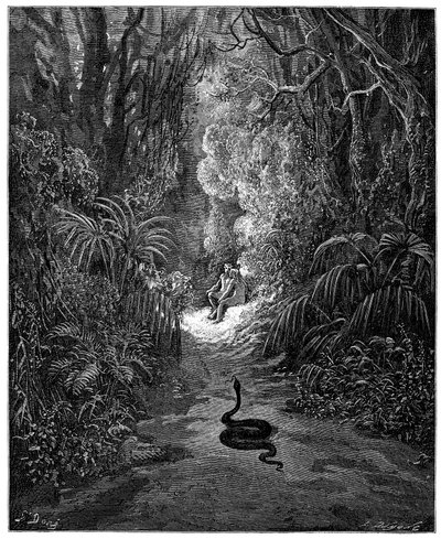 A serpente dirige-se a Adão e Eva. Ilustração de Gustave Dore para "Paraíso Perdido" de John Milton (1608-1674). Gravura de 1866. Coleção particular de Gustave Dore