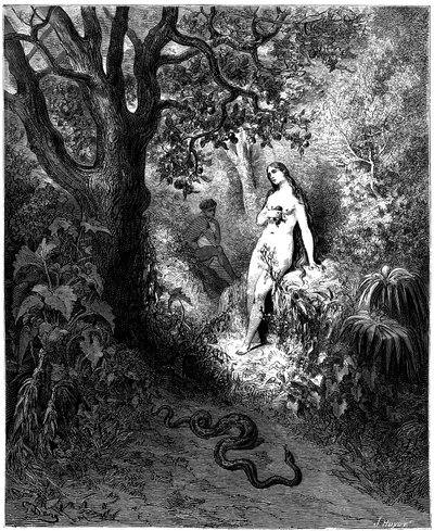 A serpente dirige-se a Adão e Eva. Ilustração de Gustave Dore para "Paraíso Perdido" de John Milton (1608-1674) - Tentação - Pesca - Gravura de 1866. Coleção particular de Gustave Dore