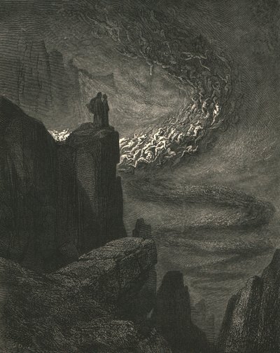 A tempestade tempestuosa do inferno com fúria inquieta leva os espíritos, c1890. de Gustave Dore