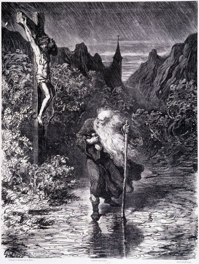 O judeu errante que passa perto de um Calvário - em "A lenda do judeu errante" de Gustave Doré, Livraria da Loja Pitoresca de Gustave Dore